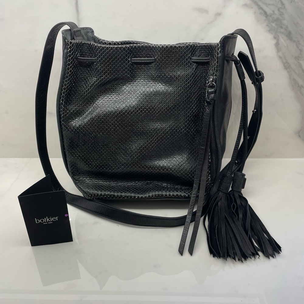 BOTKIER Snake Embossed Black Leather Tassel Bag